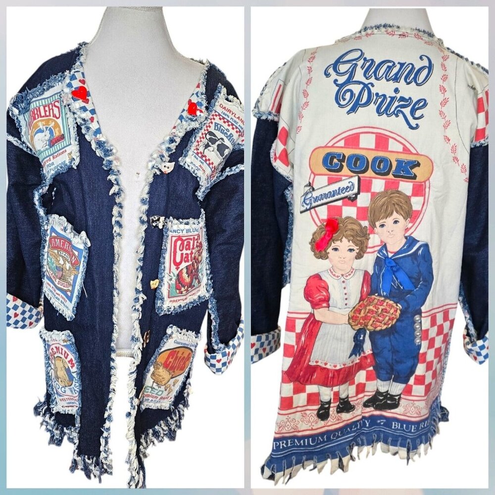 Vintage Farmcore Womens Small Denim Frayed Patchwork Jacket Cows‎ Upcycled